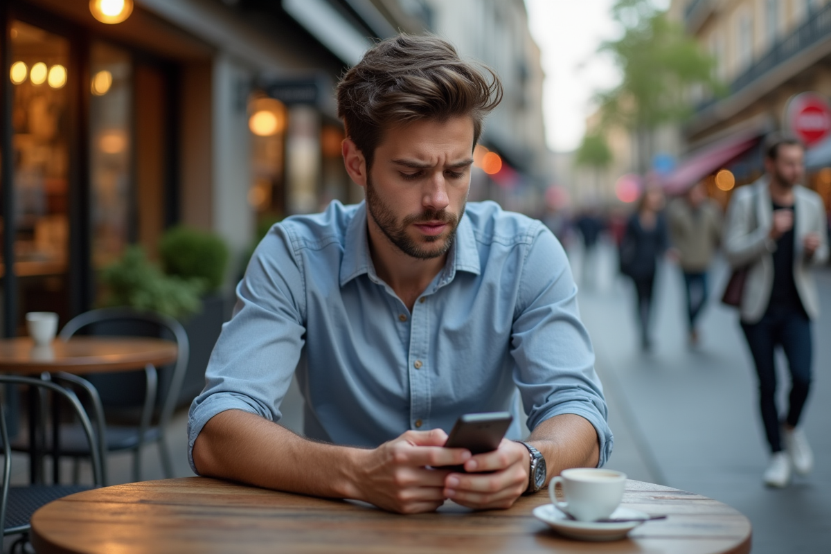 Jeune homme au café urbain regardant son smartphone