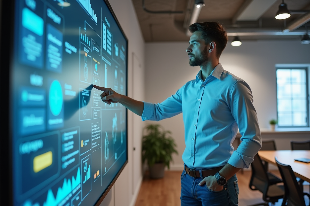 Jeune homme interactif avec un grand écran digital en réunion