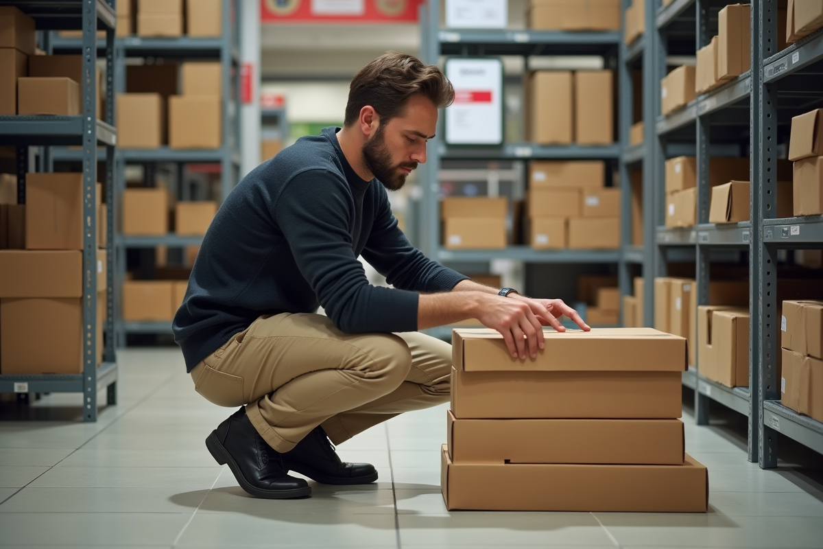 Jeune homme vérifiant des cartons d