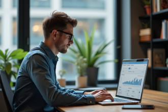 Jeune homme professionnel travaillant sur un ordinateur en bureau moderne