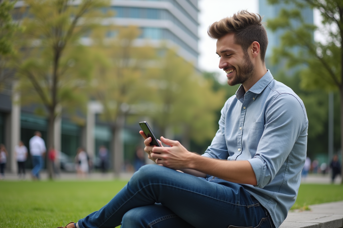 Jeune homme souriant utilisant une application d