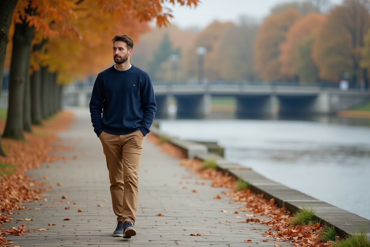 Jeune homme en promenade au bord de la rivière en automne