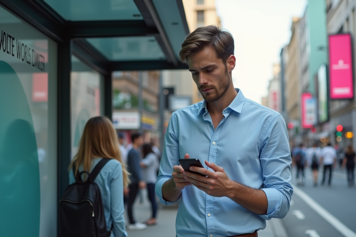 Jeune homme vérifiant ses dépenses publicitaires sur son smartphone dans la rue