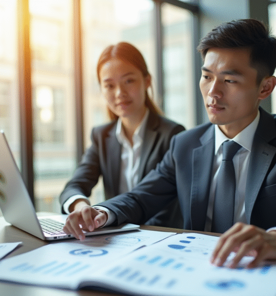 Jeune professionnel en finance analysant des documents