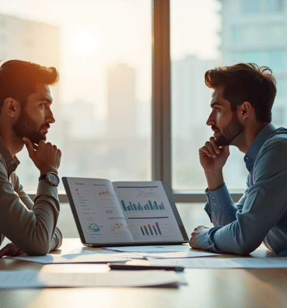 Deux jeunes entrepreneurs dans un bureau lumineux en train d'étudier un graphique