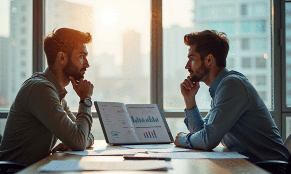Deux jeunes entrepreneurs dans un bureau lumineux en train d'étudier un graphique