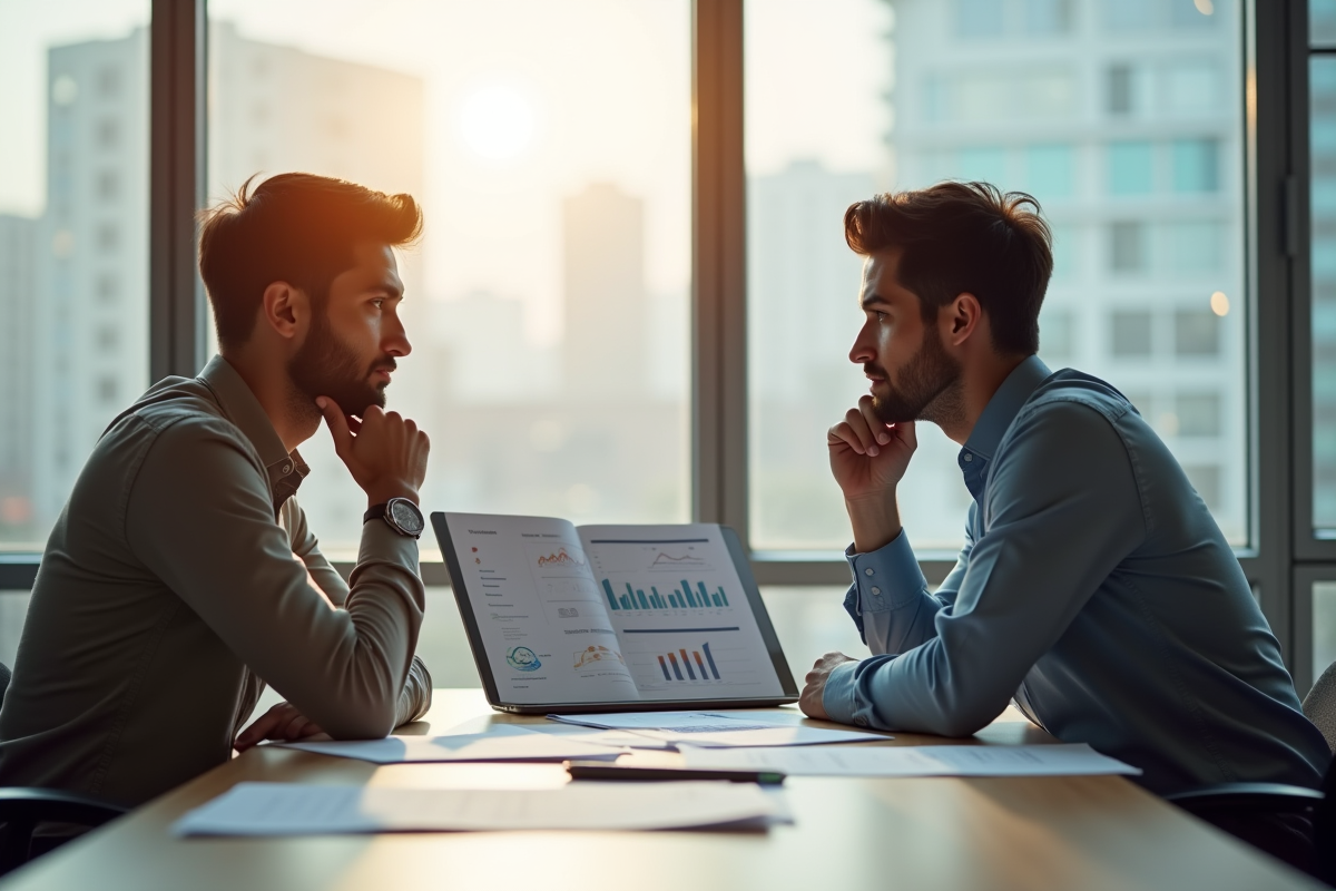 Deux jeunes entrepreneurs dans un bureau lumineux en train d'étudier un graphique