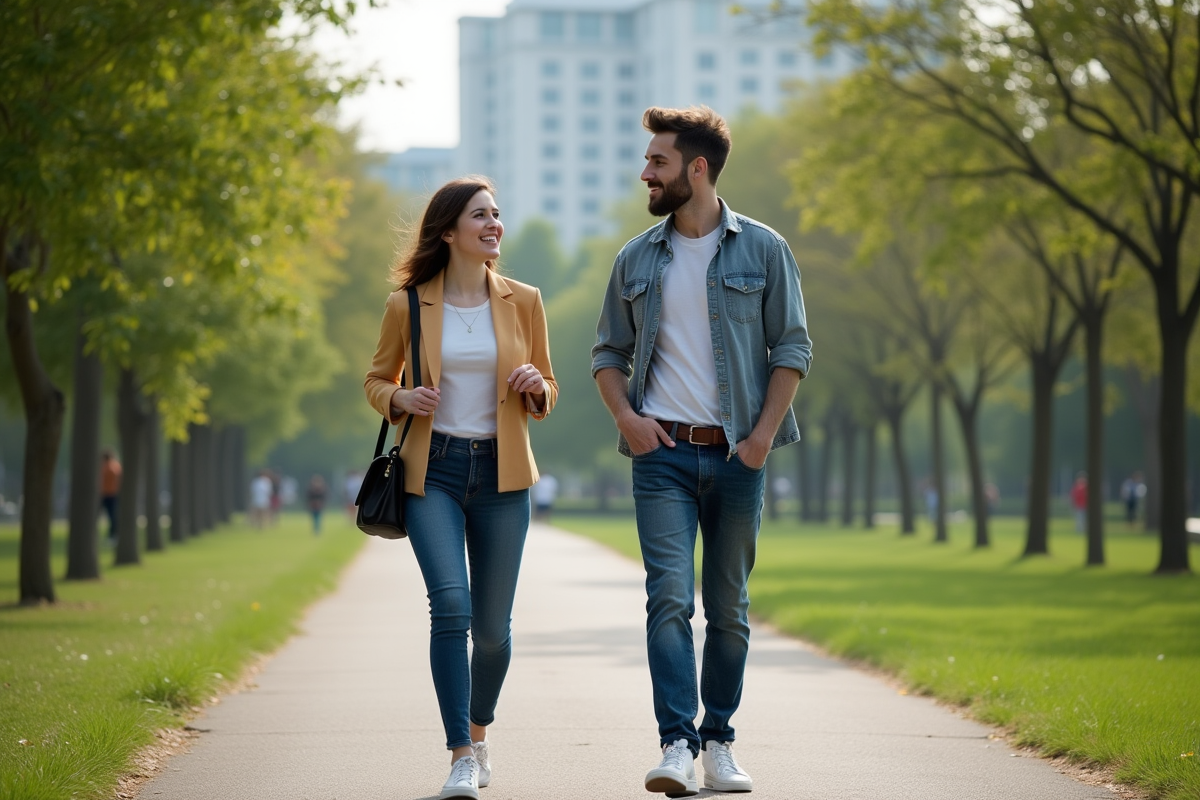 Jeunes professionnels discutant dans un parc urbain