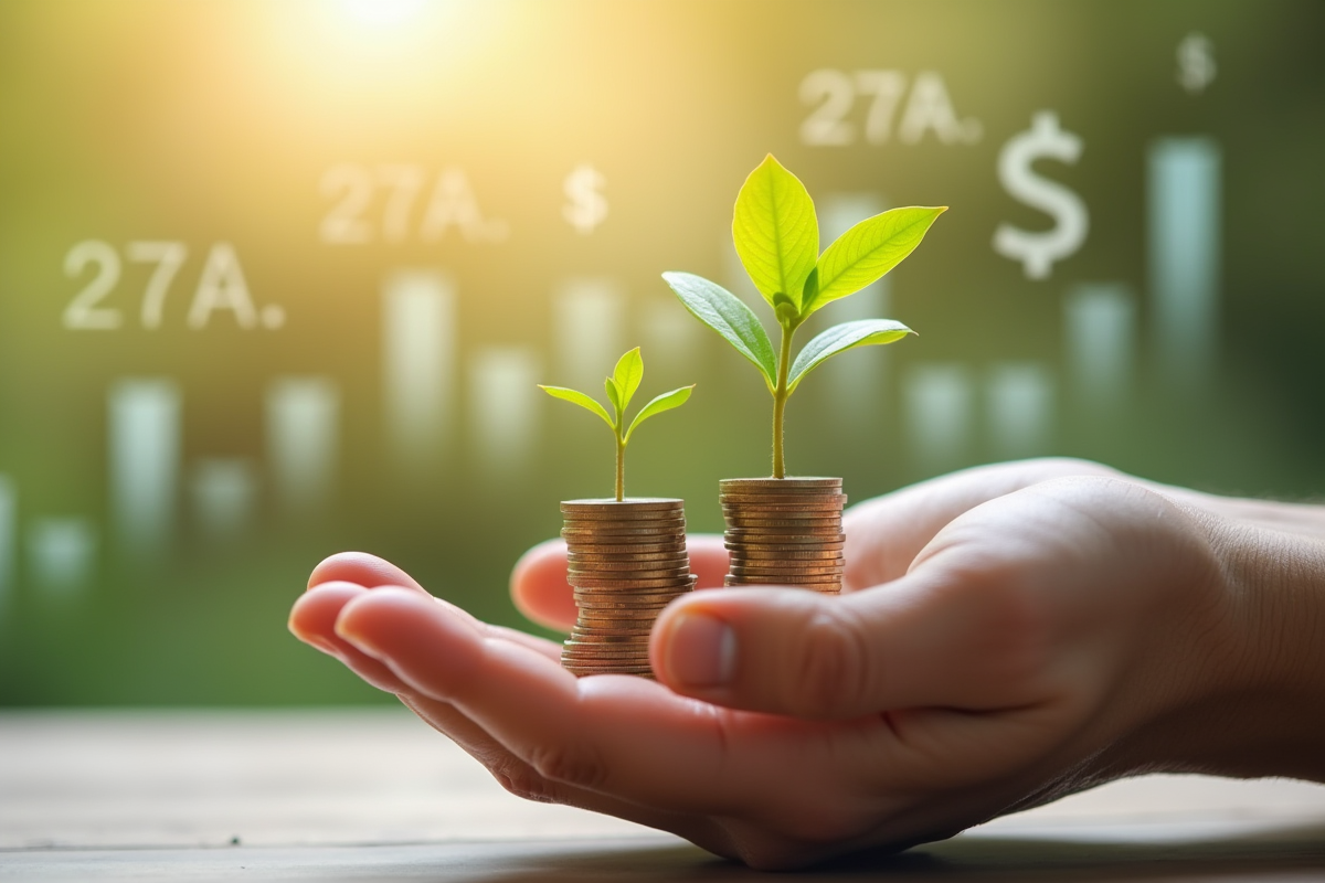 Main tenant une petite plante verte au-dessus de pièces de monnaie