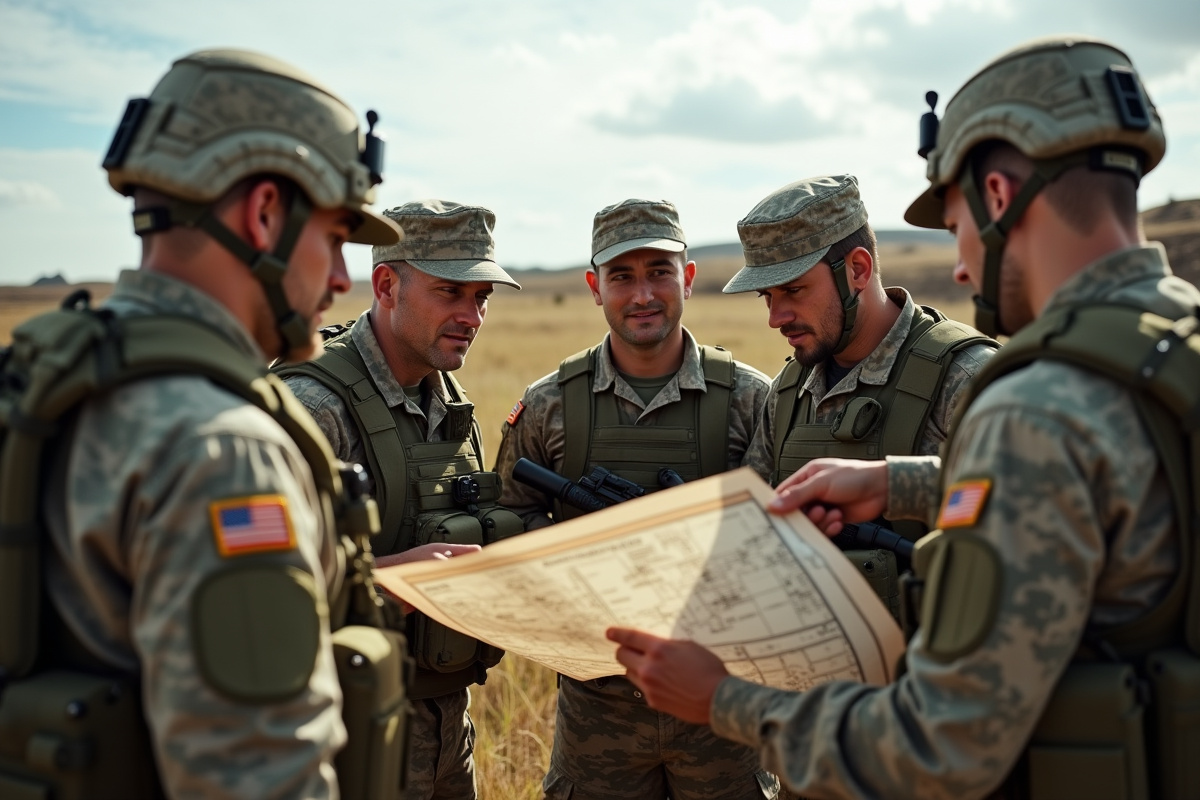Officier militaire avec soldats lors d
