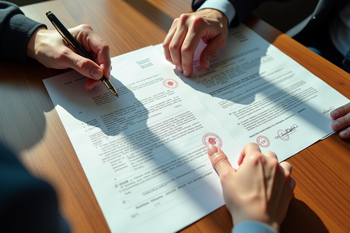 Mains tenant un stylo au-dessus de documents officiels scellés sur un bureau en bois