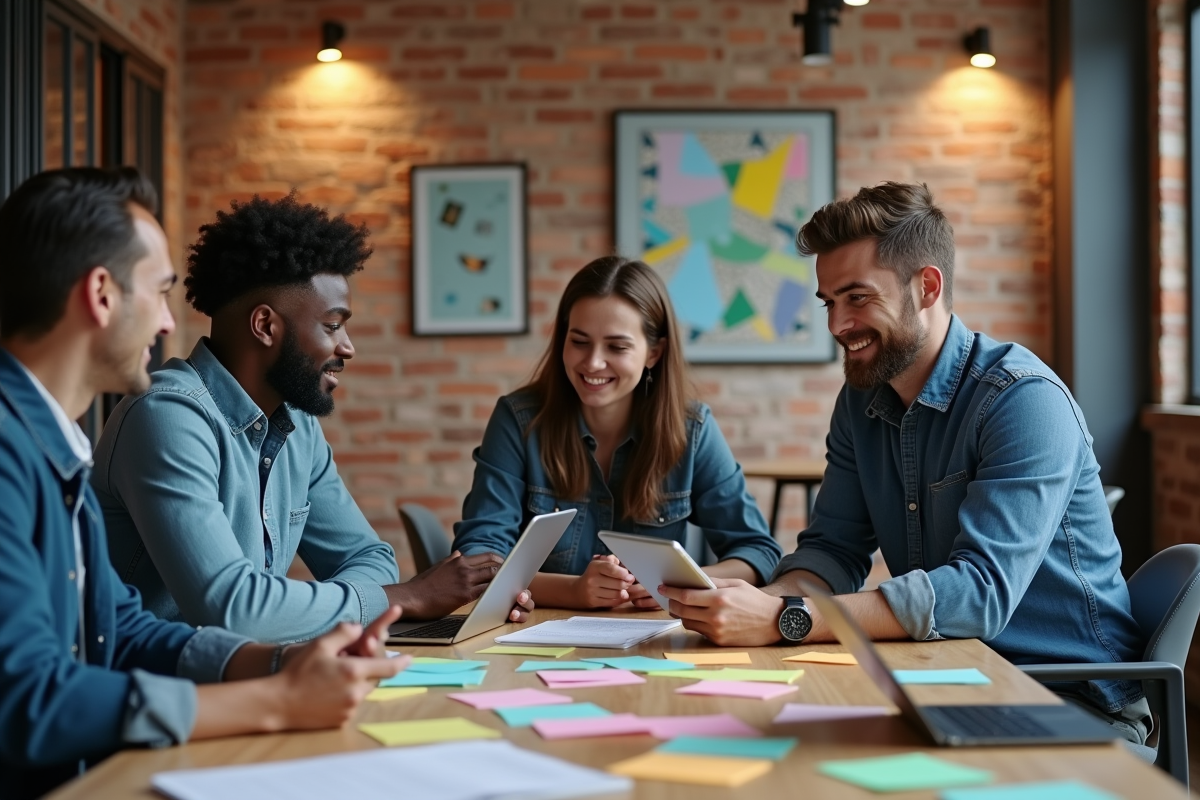 Groupe de marketers en réunion créative autour d