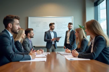Groupe de professionnels en réunion dans une salle lumineuse
