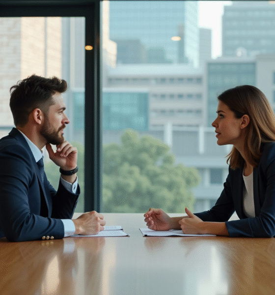 Deux professionnels en réunion dans un bureau moderne