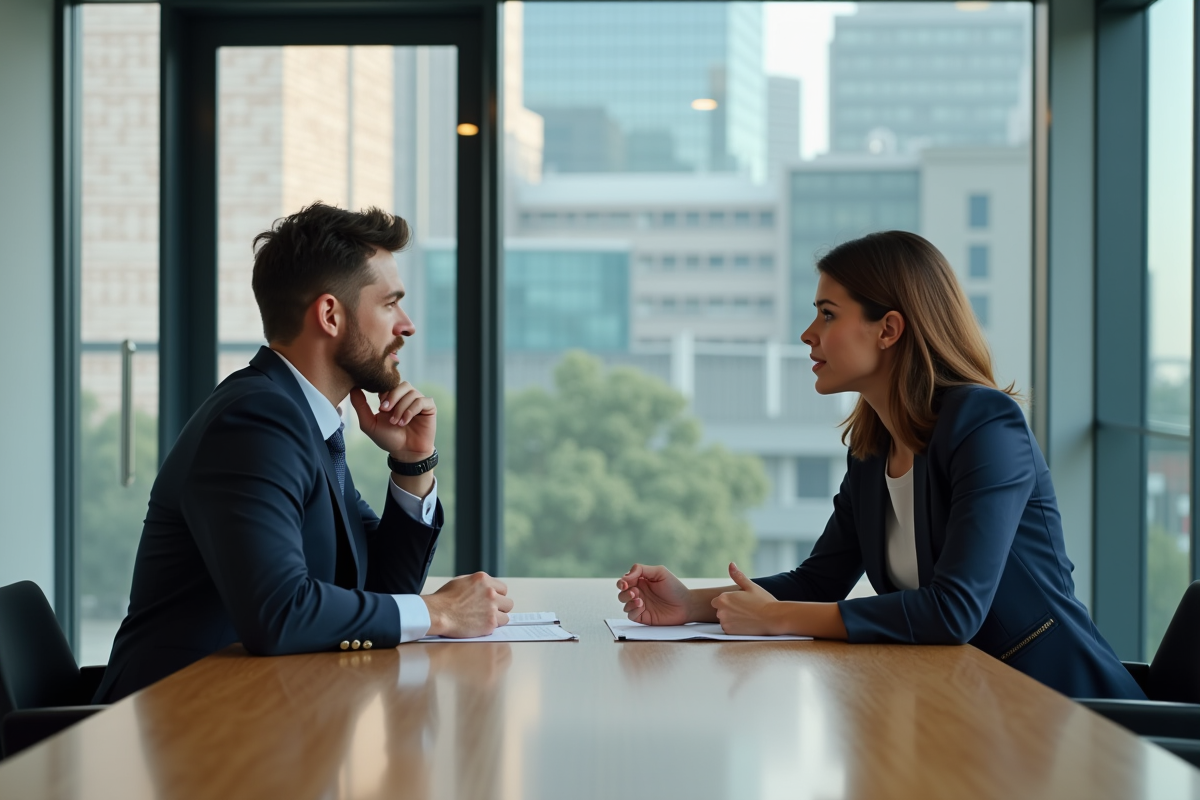 Deux professionnels en réunion dans un bureau moderne