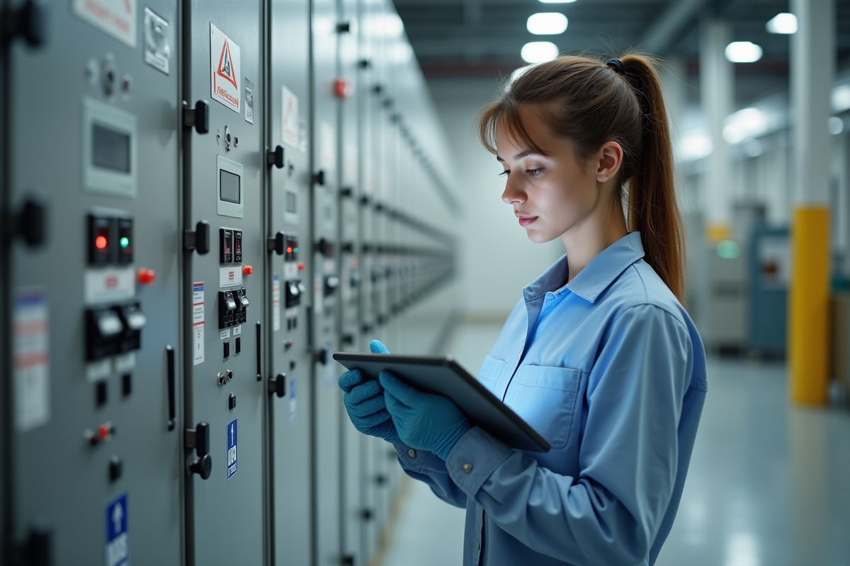 Technicien inspectant un panneau électrique industriel avec tablette