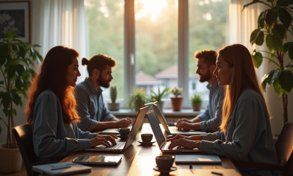 Groupe de professionnels en télétravail avec vidéoconférence