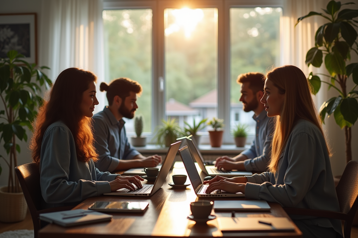 Groupe de professionnels en télétravail avec vidéoconférence