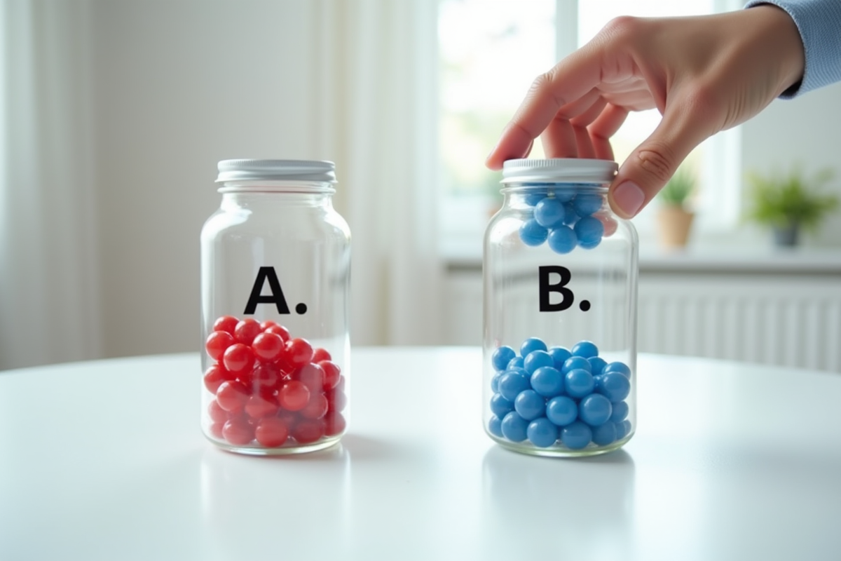 Deux verres avec billes rouges et bleues en comptage